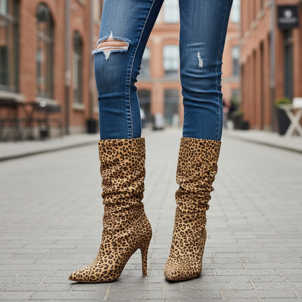 Journee Collection Markie Slouchy Booties Women 8 Leopard Brown Pointed Stiletto